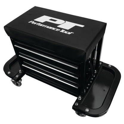 Performance Tool W85025 3-Drawer Rolling Tool Chest Seat with Magnetic Side Trays, 350 Lbs. Capacity, Rear Tray, Black