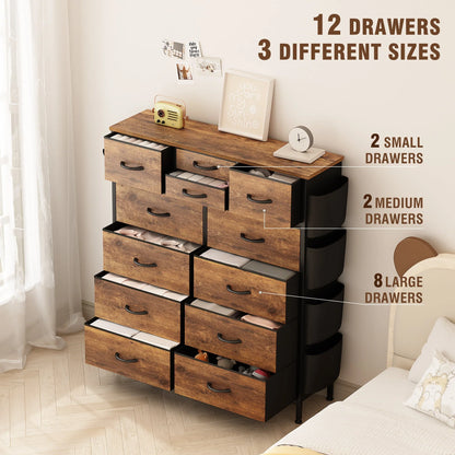 GIKPAL Dresser for Bedroom with 12 Drawer Tall Dresser Chest of Drawers Fabric Dressers Storage for Closet Living Room Hallway, Rustic Brown