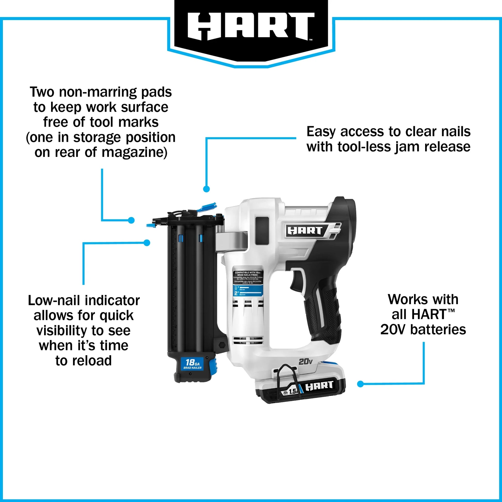HART 20-Volt 2-inch 18-Gauge Battery-Powered Brad Nailer Kit, (1) 1.5Ah Lithium-Ion Battery