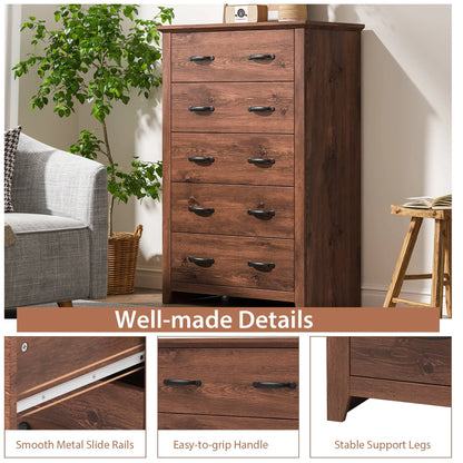 Costway 5 Drawer Chest Storage Dresser Tall Cabinet Organizer Bedroom Hallway Walnut