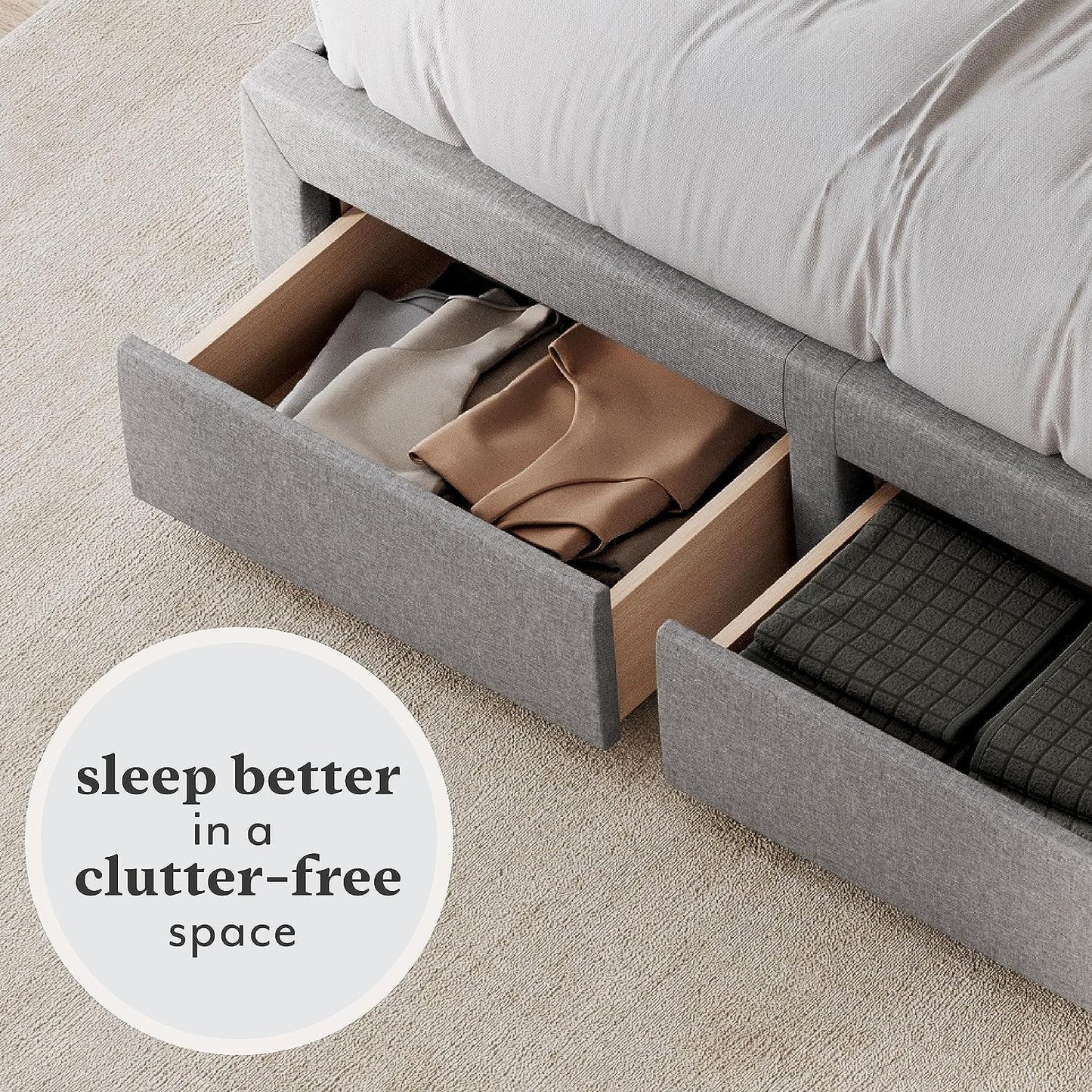 DG Casa Cosmo Upholstered Platform Bed Frame Base with Storage, Queen Size, Gray
