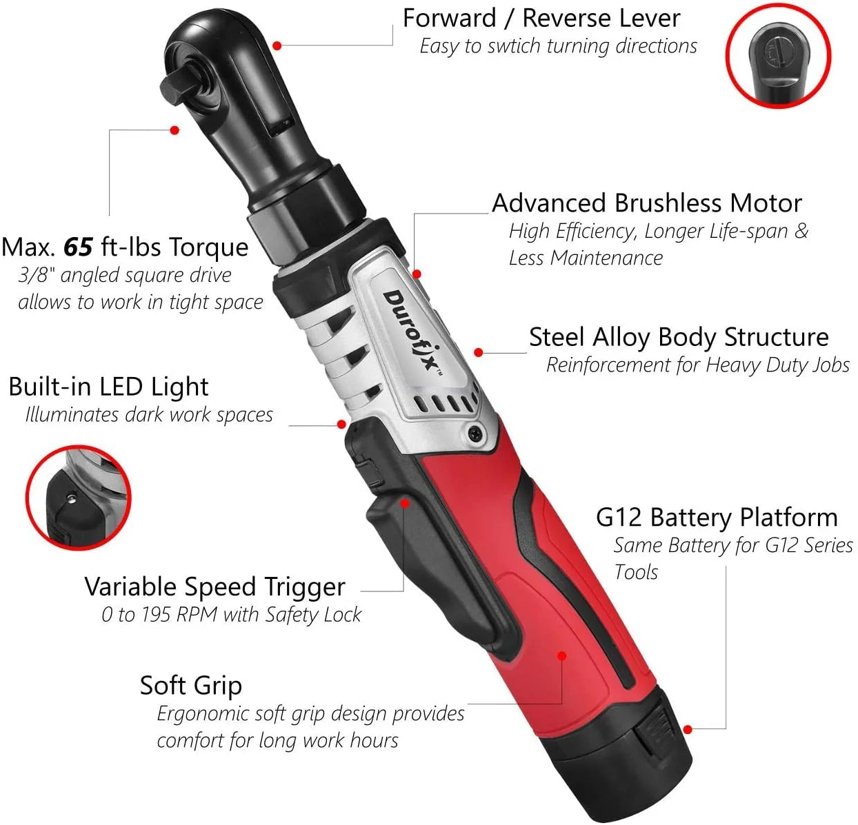 Durofix G12-series 3/8-Inch BRUSHLESS Li-Ion 12V Cordless Ratchet Wrench Tool Kit, RW1210-3P,