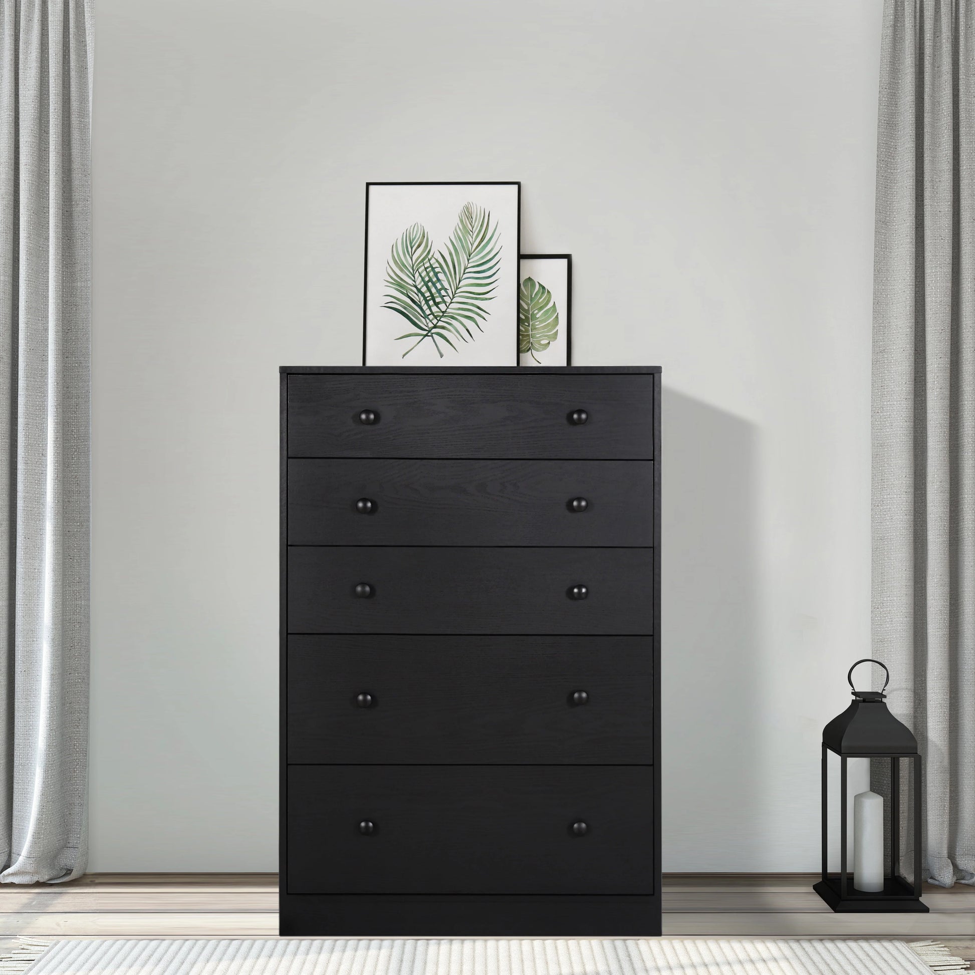 VEIKOUS 5-Drawer Dresser Chest of Oversized Natutal Wood Dresser Cabinet for Storage, Black