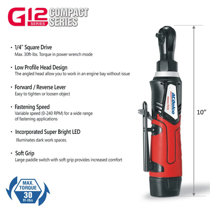 ACDelco G12 Series, 1/4 & 3/8 in Drive Size Cordless 2.0 Ah, 30 ft lb & 45 ft lb Electric Ratchet