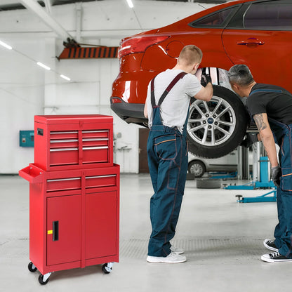 2-IN-1 Tool Chest with Drawers, Seizeen 2-tier Rolling Tool Box & Cabinet Large Capacity with 4 Drawers, Lockable Tool Box Organizer On Wheels, Red