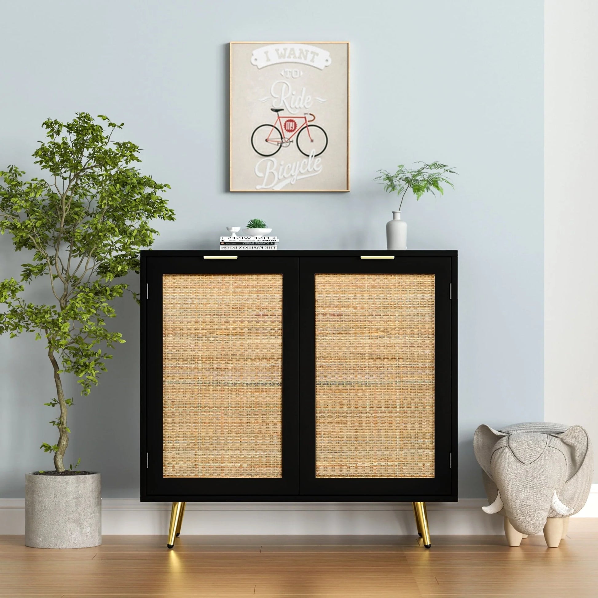 Anmytek Natural Rattan Black Buffet Sideboard Storage Cabinet with 2 Doors