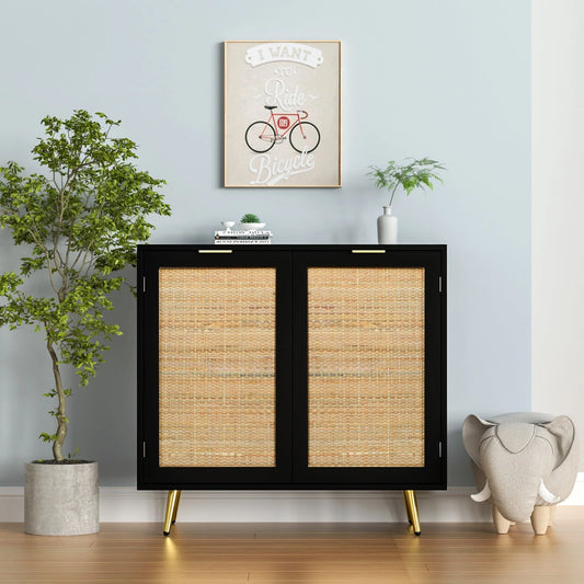 Anmytek Natural Rattan Black Buffet Sideboard Storage Cabinet with 2 Doors