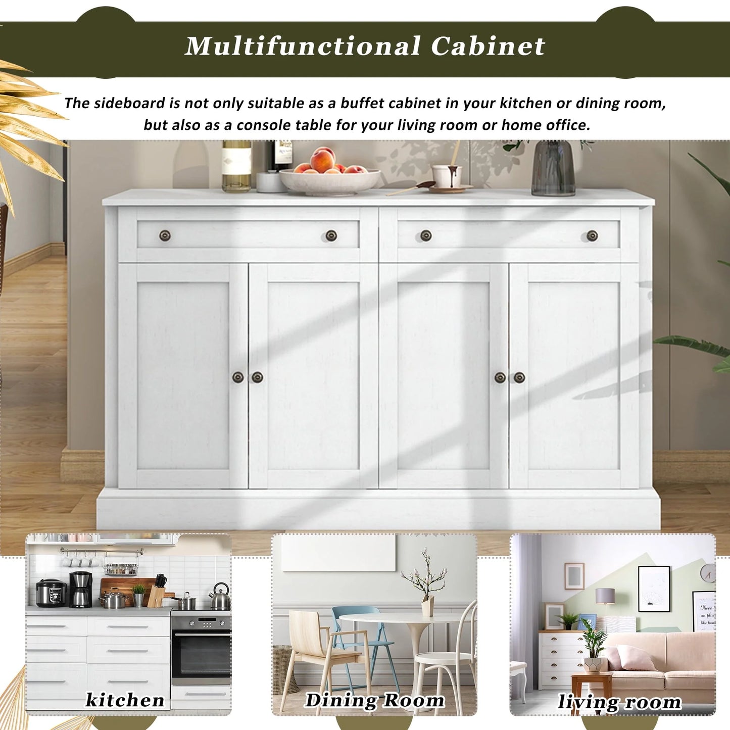 KEHOMY Kitchen Sideboard Storage Buffet Cabinet, with 2 Drawers and 4 Doors Adjustable Shelves for Dining Room, Living Room, Antique White