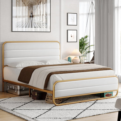 Homfa Queen Size Bed Frame, Gold Metal Tubular Platform Bed with PU Leather Upholstered Headboard, 10.6" Under Bed Storage, White