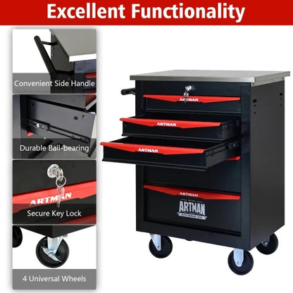 POVANLI 5 Drawer Portable Tool Box With Wheels,Tool Chest With Key Locking Tool Boxes/Organizers Black& Red