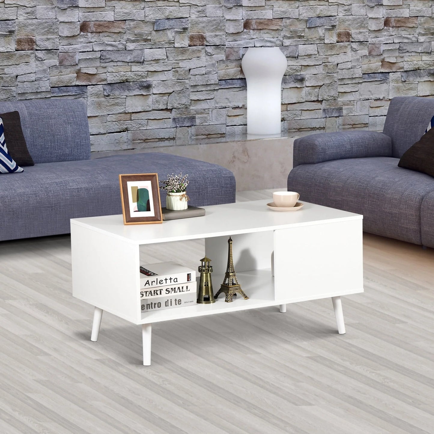 ZENSTYLE Durable MDF Coffee Table with Open Storage Shelf for Living Room Modern Furniture White