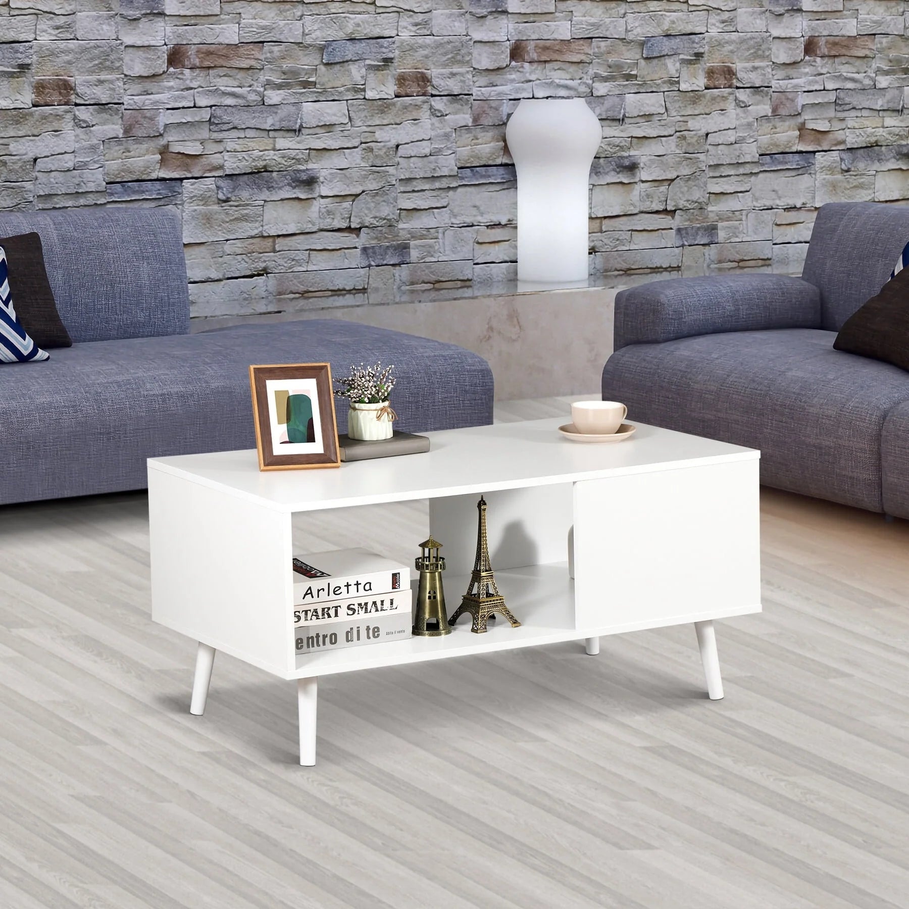 ZENSTYLE Durable MDF Coffee Table with Open Storage Shelf for Living Room Modern Furniture White