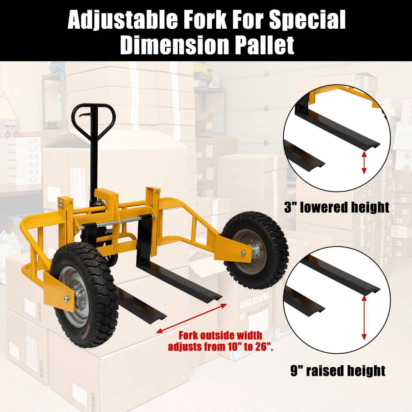 All Terrain Adjustable Manual Pallet Jack Hand Pallet Truck with Guardrail, 65.75"W x 55.35"D x 50.39"H, 2500 lbs Cap.
