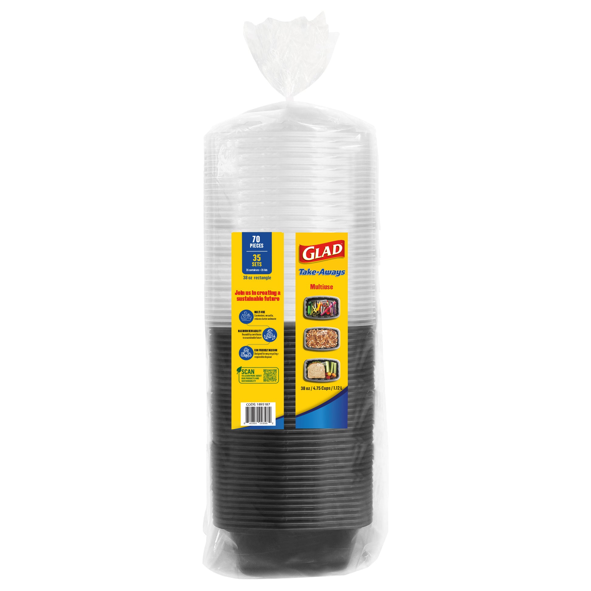 Glad Take-Aways Food Storage Containers with Lids, 38 oz Rectangle, 35-sets