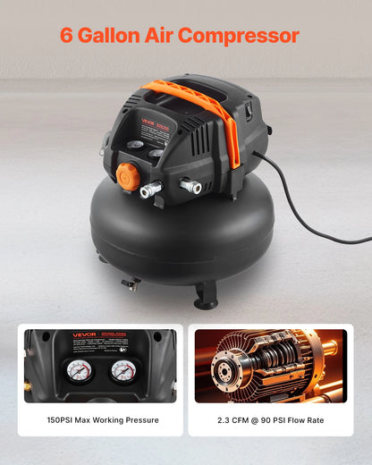 VEVOR 6 Gallon Air Compressor,1.7HP 2.3CFM@90PSI Portable Pancake Air Compressor & 150PSI Max Pressure, 12-Piece Accessory Kit with 25FT Air Hose for Tire Inflation, Spray Painting, Woodwork Nailing