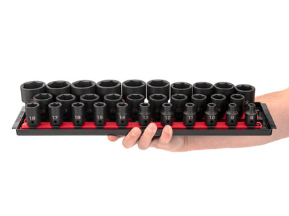 TEKTON 1/2 Inch Drive 6-Point Impact Socket Set with Rails, 31-Piece (8-38 mm) | SID92104