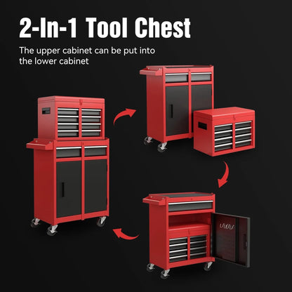 Rolling Tool Chest with 5 Drawers and Detachable Top Box Heavy Duty Steel Construction Lockable Wheels for Garage Workshop Storage Organization