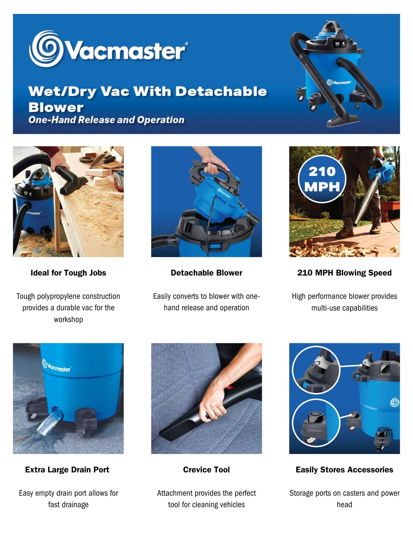 Vacmaster 10 Gallon 4 Peak HP Wet/Dry Vac with Detachable Blower, VBVA1010PF