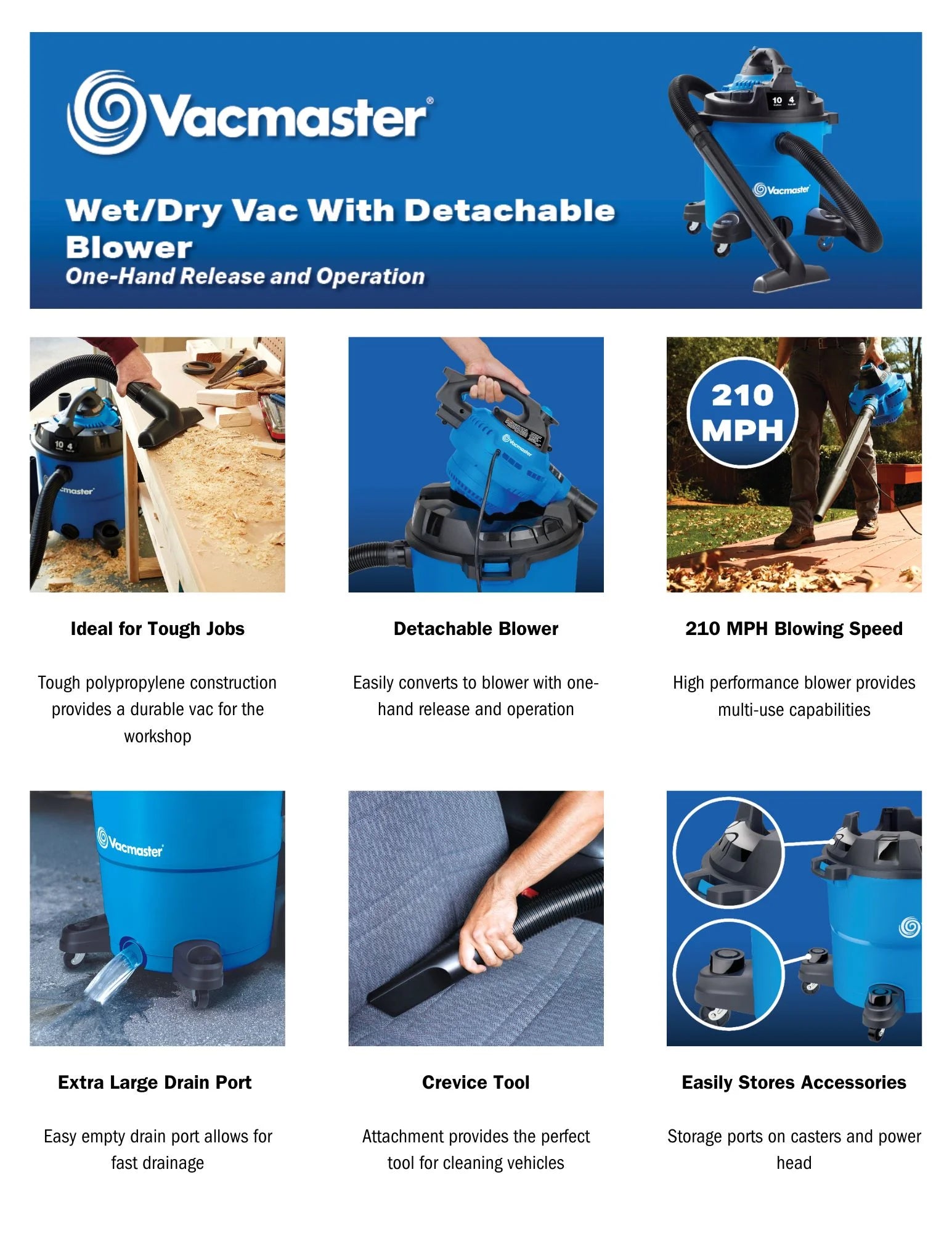 Vacmaster 10 Gallon 4 Peak HP Wet/Dry Vac with Detachable Blower, VBVA1010PF