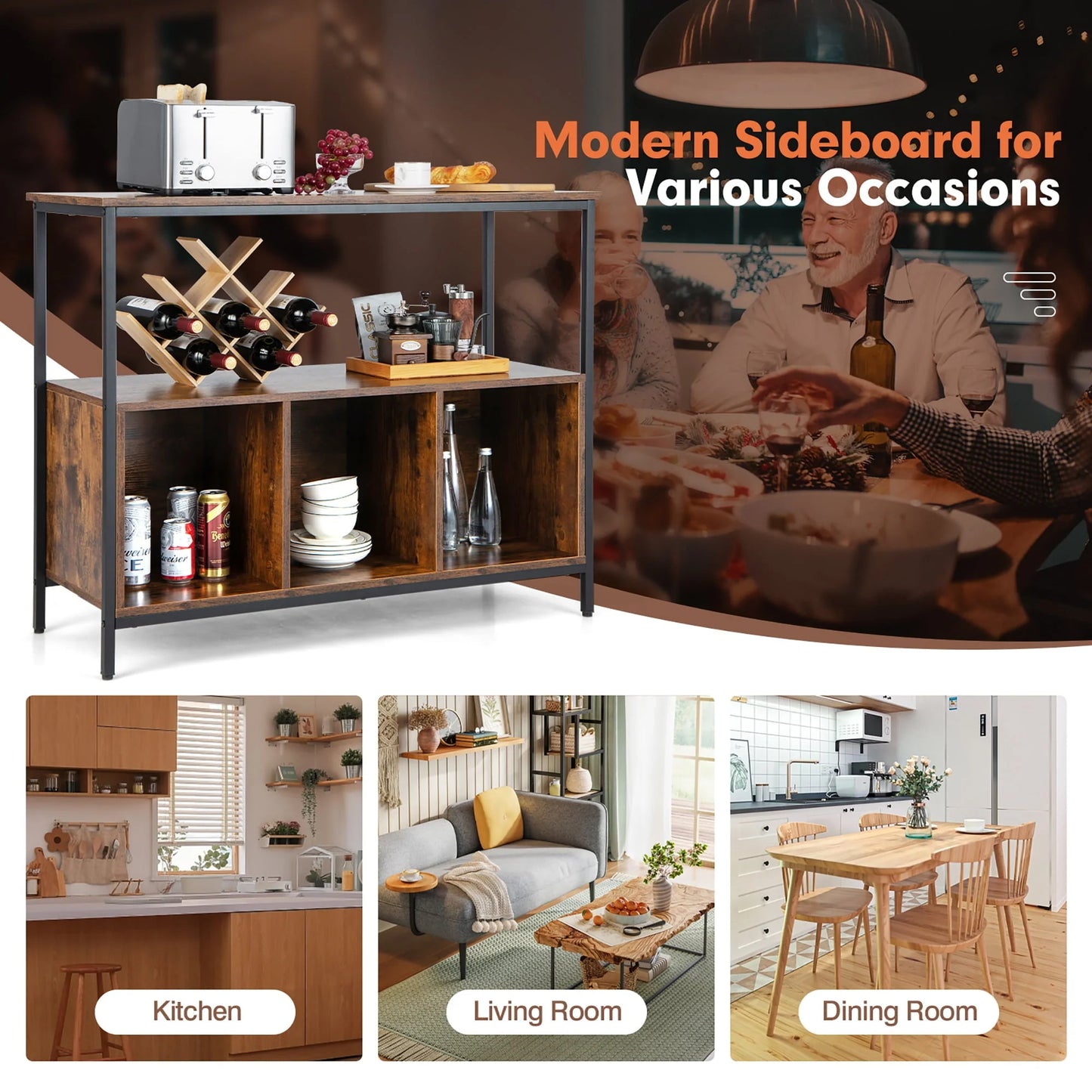 Costway Buffet Sideboard Kitchen Storage Cabinet Open Shelf w/3 Compartments Rustic