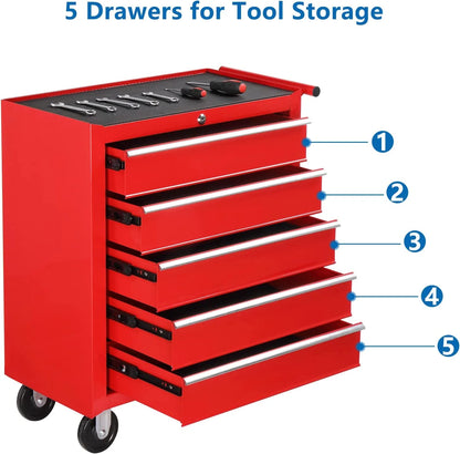 TUFFIOM 5-Drawer Rolling Tool Chest with Lock & Key, Tool Storage Organizer Box Cabinet with Wheels