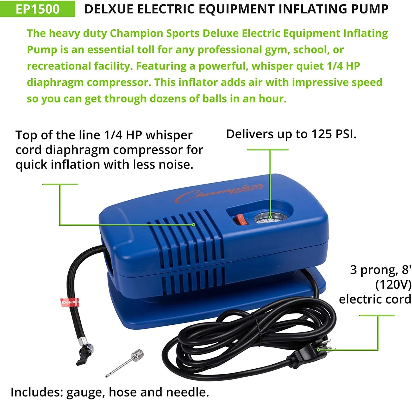 Champion Sports Electric Ball Pump for Basketball, Soccer, Volleyball, with Needle, Gauge, Hose - Quiet, Fast Air Pumps for Balls with up to 125 PSI - Premium Ball Inflator for Gyms, Schools,Blue