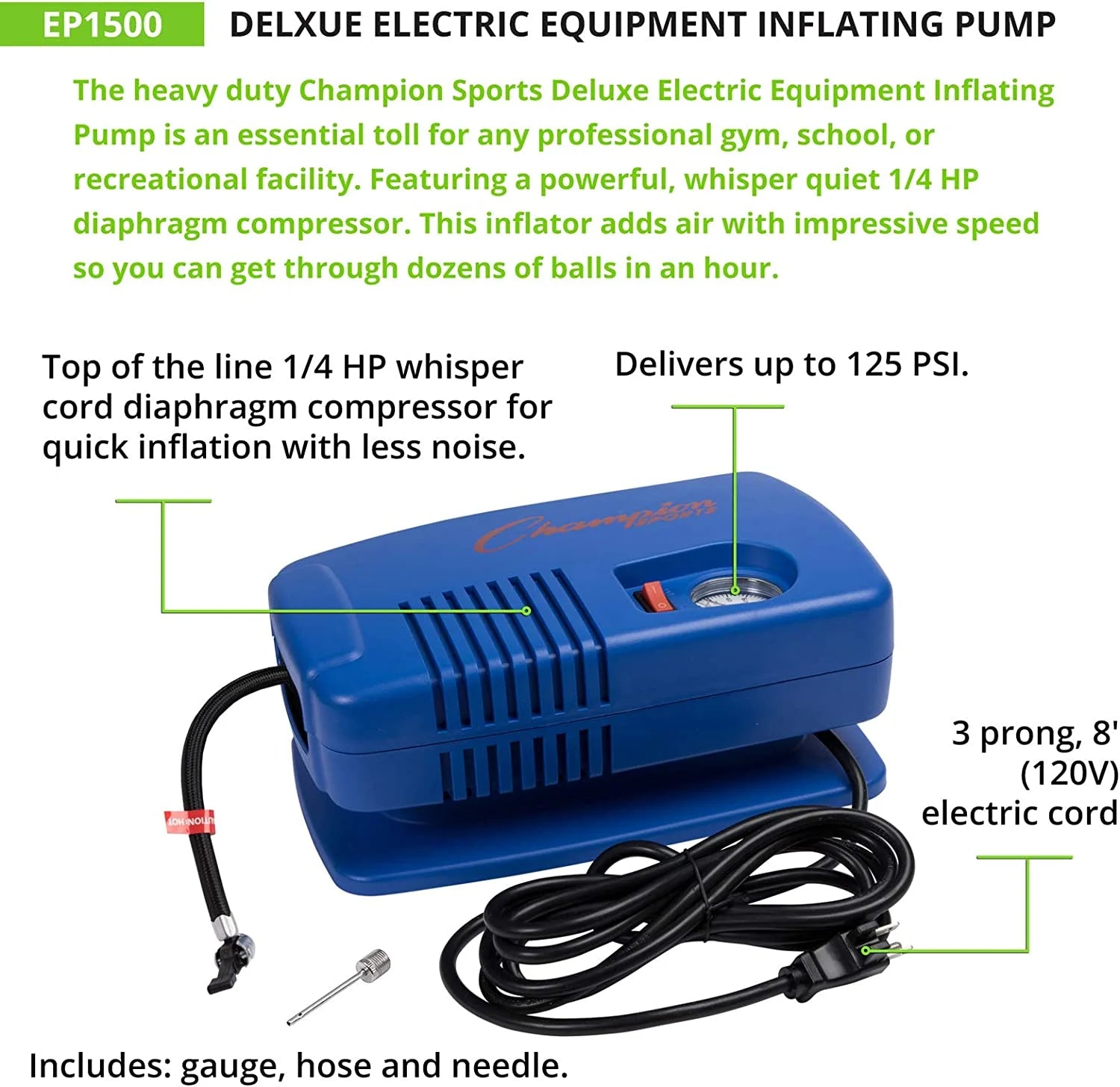 Champion Sports Electric Ball Pump for Basketball, Soccer, Volleyball, with Needle, Gauge, Hose - Quiet, Fast Air Pumps for Balls with up to 125 PSI - Premium Ball Inflator for Gyms, Schools,Blue