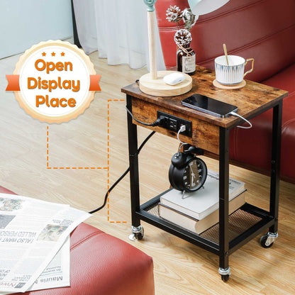 TC-HOMENY End Table with Charging Station & USB Ports, Side Table with Wheels & Storage Shelf Nightstand for Living Room Bedroom, Brown,Wood