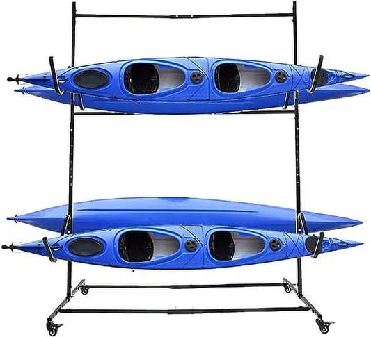 Kojem Freestanding Kayak Storage Rack Stand for 4 Kayak, SUP, Canoe, Paddle Board, Boat, Surfboard for Indoor, Outdoor, Garage, Shed, Dock w/Wheels