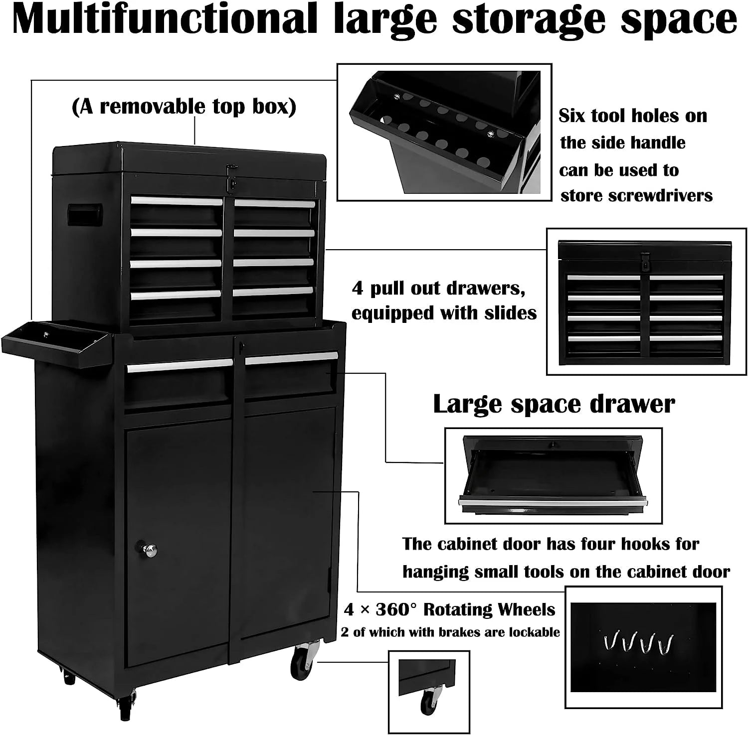 Sesslife 5-Drawer Rolling Tool Chest on Wheels, High Capacity Tool Cabinet with Drawers, Detachable Mobile Tool Box for Workshop, Garage, Mechanics and Repair Room(Black)