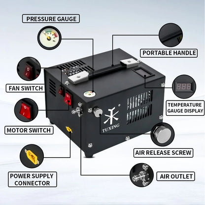 TUXING 4500Psi PCP Air Compressor w/Built-in Transformer, One-Button Start for PCP Rifles, Paintball Guns, Diving Tanks
