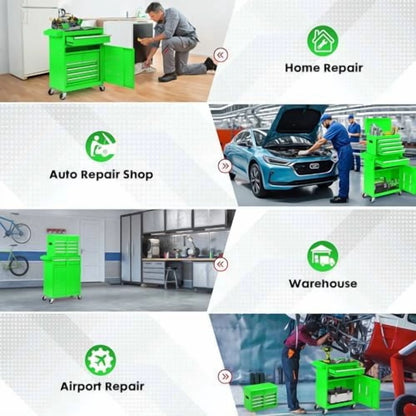 5-Drawer Rolling Tool Chest - 2-in-1 Lockable Tool Box with Wheels, Sliding Drawers & Detachable Top - Garage & Workshop Storage Cabinet, Green