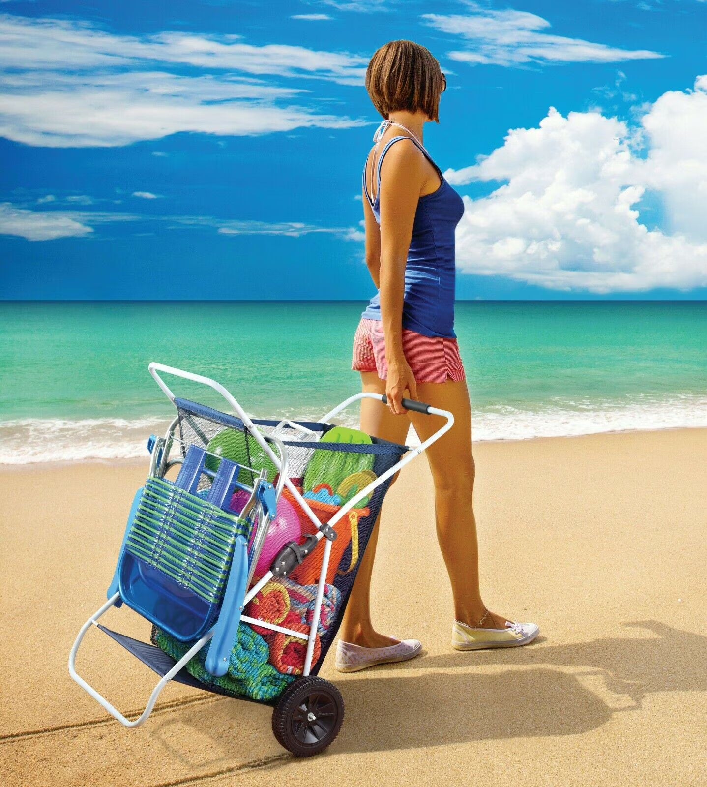 Folding Utility Beach Cart Collapsible Folding Outdoor Utility Wagon Wide Terrain Wheels for Sand