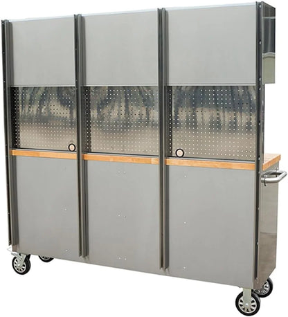 72 Inch Stainless Steel Rolling Tool Chest with 15 Drawers + 3 Upper Cabinets, Mobile Workbench, Assembled Large Tool Box Lockable Storage Cabinet with Wheels for Garage Workshop