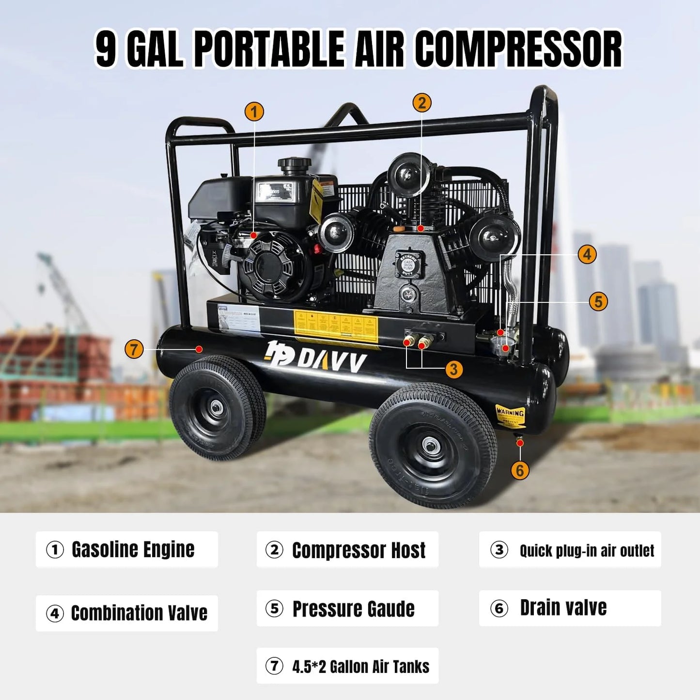 HPDAVV 6.5HP 120 PSI One Stage Gas Driven Piston Air Compressor 20 gal