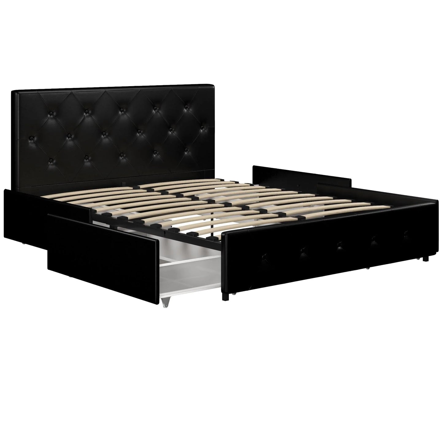 River Street Designs Dean Upholstered Bed With Storage, Black Faux Leather, Queen