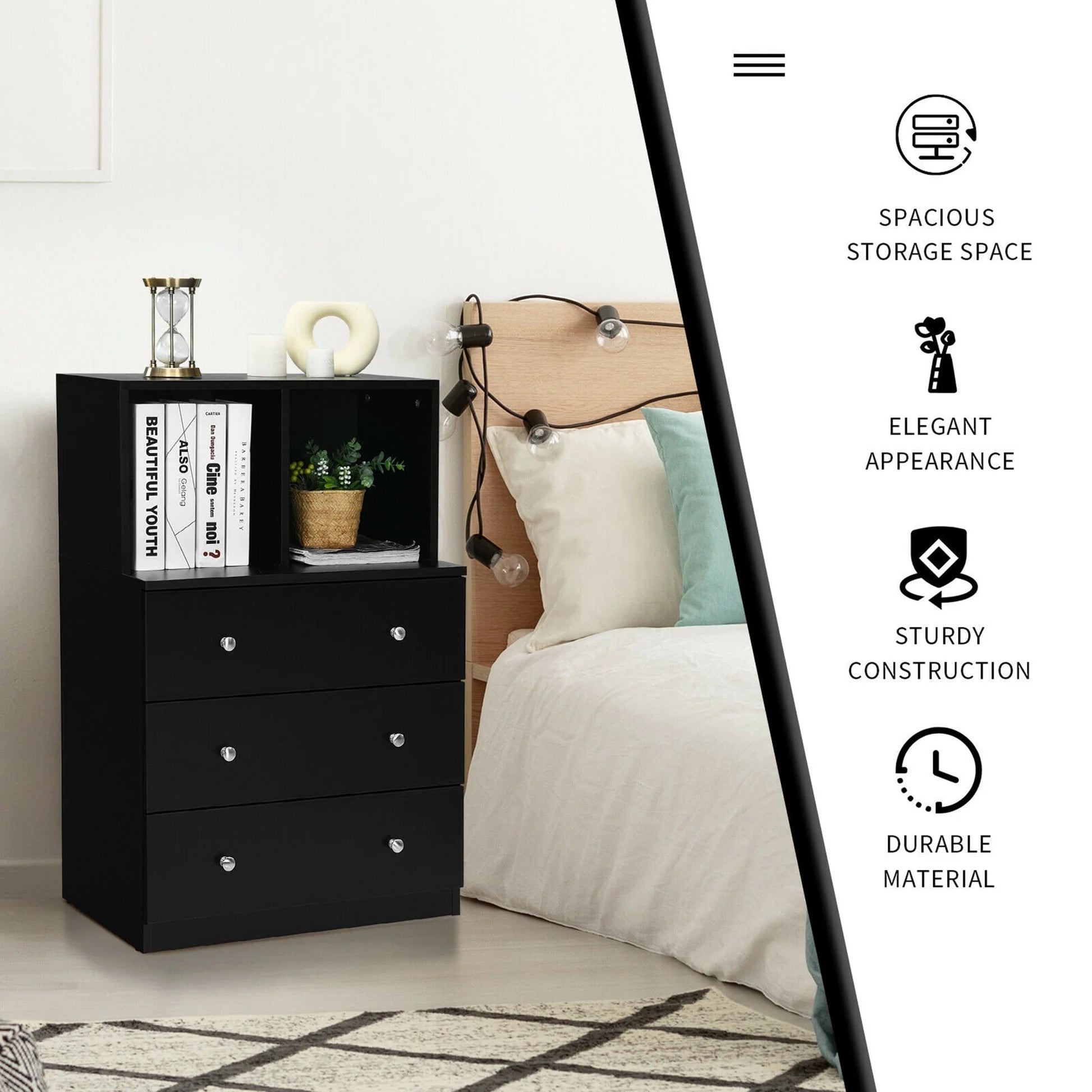 Gymax 3 Drawer Dresser W/Cubbies Storage Chest for Bedroom Living Room Black