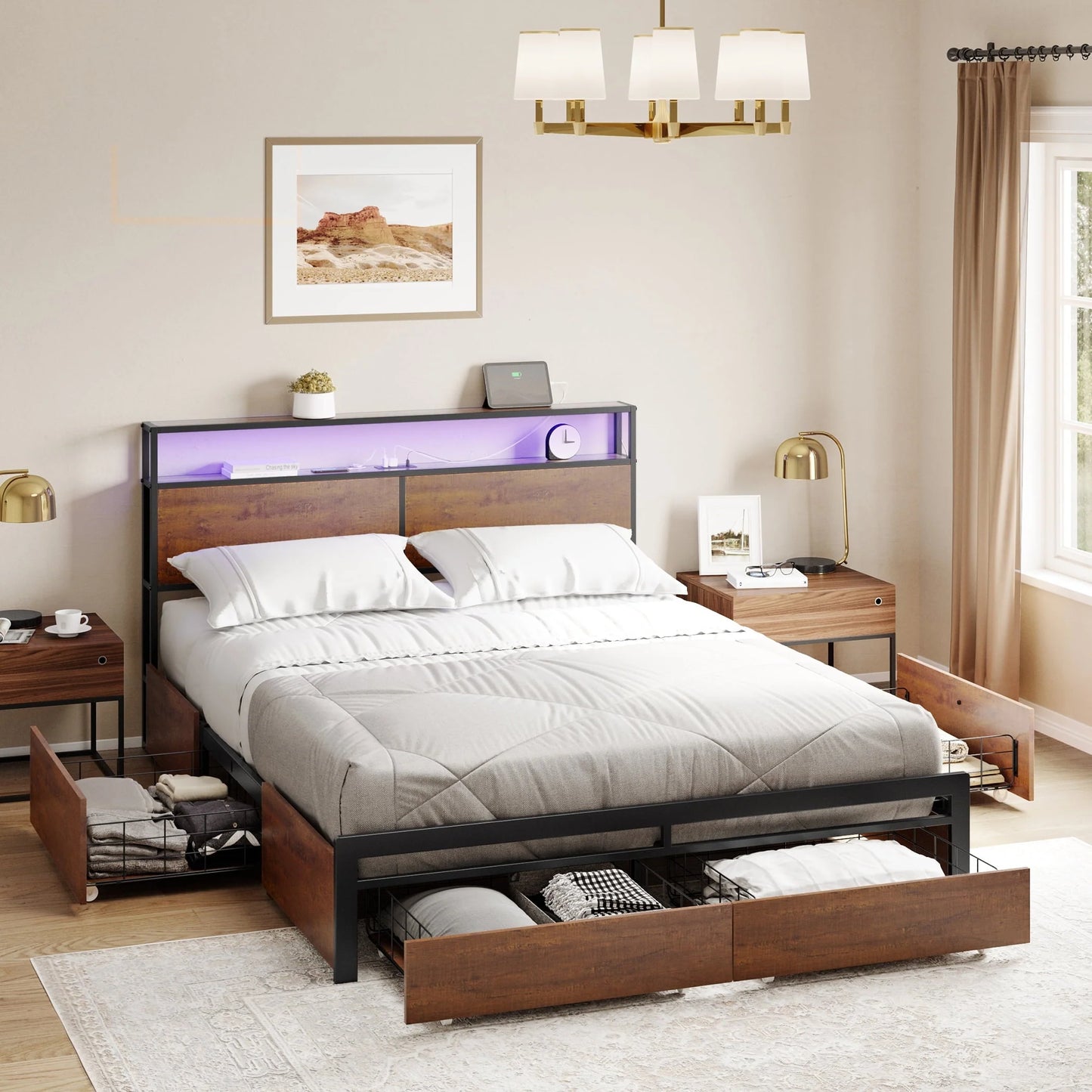 HAUSOURCE Queen Size Bed Frame with Headboard and 4 Storage Drawers LED Platform Bed Frame with Charging Station Rustic Brown