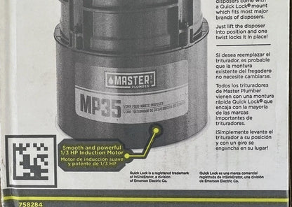 Master Plumber MP35 1/3 HP Kitchen Waste Disposer/Disposal - Quantity of 1