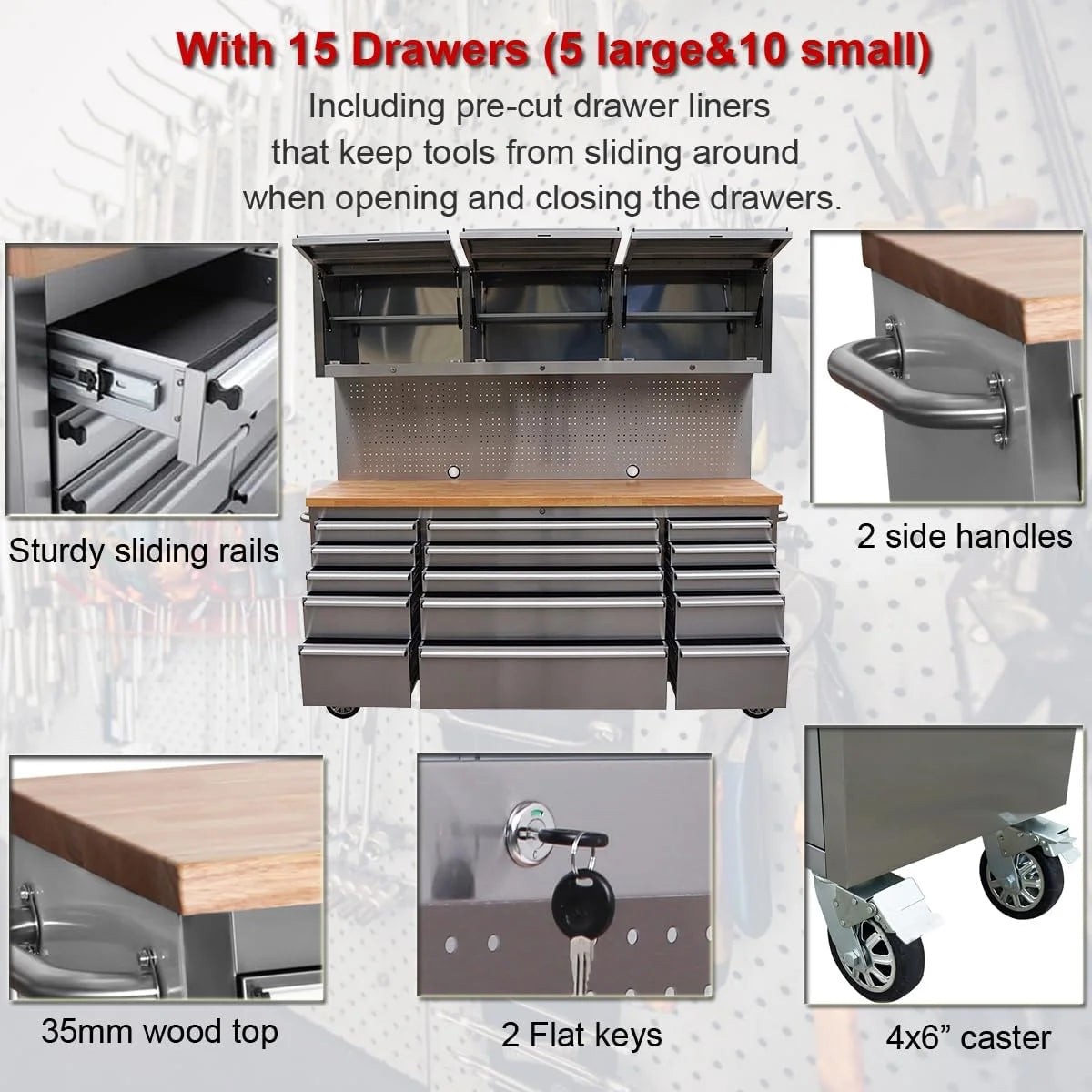 72 Inch Stainless Steel Rolling Tool Chest with 15 Drawers + 3 Upper Cabinets, Mobile Workbench, Assembled Large Tool Box Lockable Storage Cabinet with Wheels for Garage Workshop
