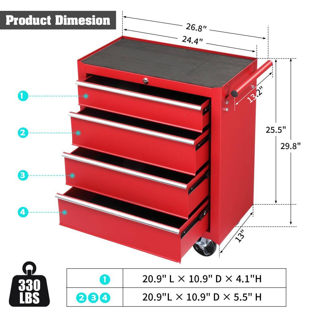 IVV 4-Drawer Rolling Tool Chest w/Lock & Key, Tool Storage Cabinet with Universal Wheels, Anti-Scratch Liners, Tool Organizer Box for Garage, Warehouse & Repair Shop, Red