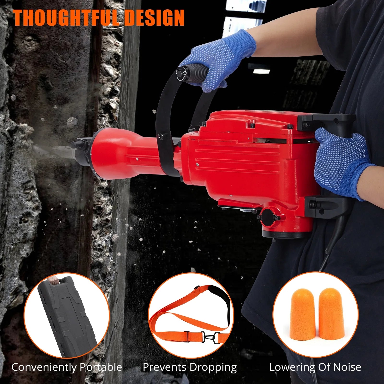 3-piece set 65A 1700W 4 110 Hammer Drill 2200w Electric Demolition Jackhammer Set - Jack Hammer Powerful Performance, 2 Chisels, Gloves, Tool Box, Wrench. Ideal For Superior Demolition Jobs