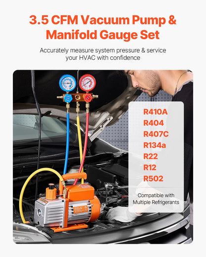 KFFKFF 3.5 CFM AC Vacuum Pump and Gauge Set, Single Stage Rotary Vane HVAC Air Vacuum Pump, A/C Refrigerant Manifold Gauge Kit, with Hoses, for R134a, R12, R22, R502a, R410A, R404, R407C Refrigerants