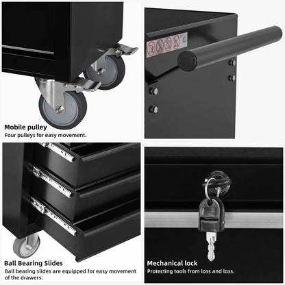7-Drawer Rolling Tool Chest Cabinet, Large Capacity Metal Tool Box with Wheels and Cylinder Locking, Roll Around Storage Organizer Tool Cart for Garage, Warehouse, Work Shop - Black