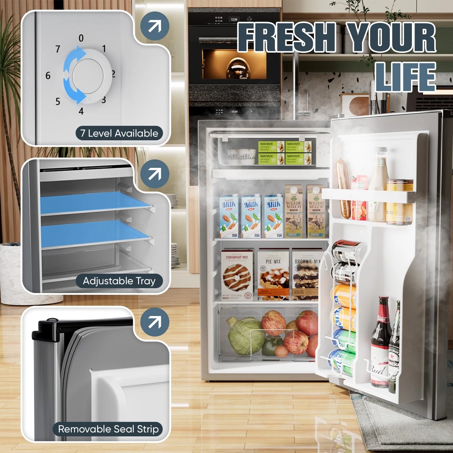 Manastin 3.5 Cu.Ft Mini Fridge with Freezer, Adjustable Thermostat, Low Noise, Removable Glass Shelves, 2 Door Small Refrigerator for Kitchen, Dorm, Office, Bedroom, Pearl White