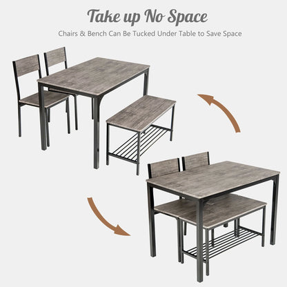 Gymax 4pcs Dining Table Set Rustic Desk 2 Chairs & Bench w/Storage Rack Grey
