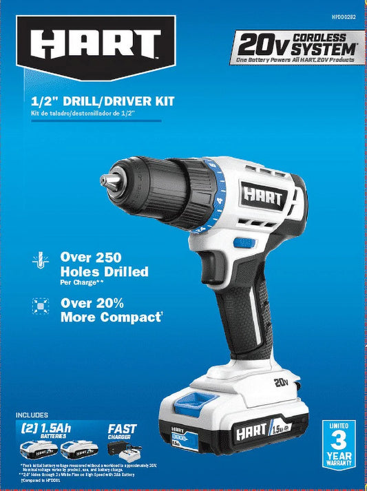 HART 20-Volt Cordless 1/2-inch Drill/Driver Kit, (2) 1.5Ah Lithium-Ion Batteries, Gen 2