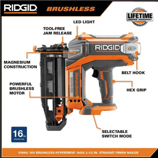 Ridgid HyperDrive 16 Gauge 18v Brushless 2-1/2 In. Straight Finish Nailer