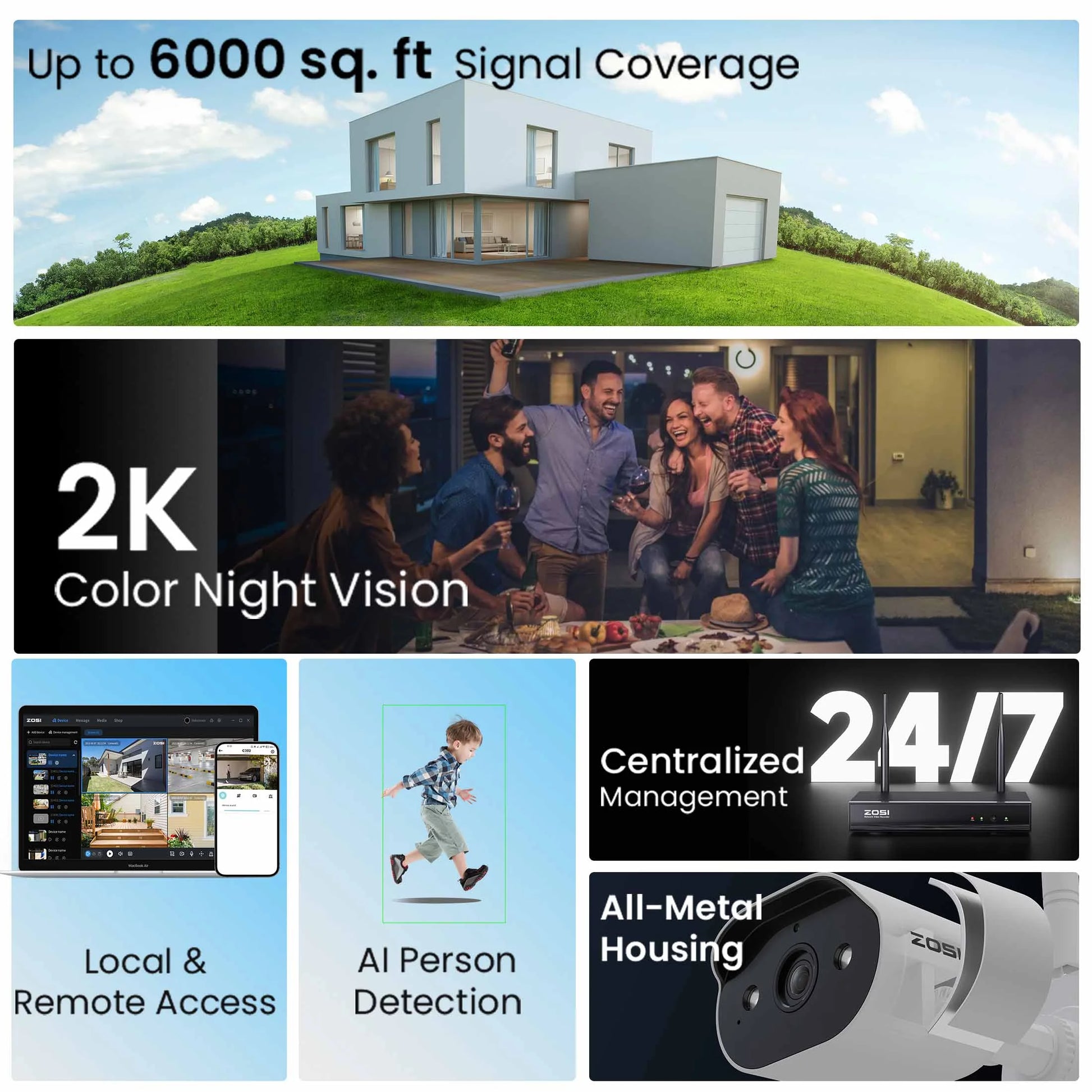 3MP Security Camera System with Audio, ZOSI 8CH Wi-Fi Security Camera System, 2K Outdoor with Color Night Vision,2TB HDD for 24/7 Recording, Smart Home Security