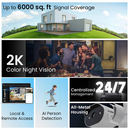 3MP Security Camera System with Audio, ZOSI 8CH Wi-Fi Security Camera System, 2K Outdoor with Color Night Vision,2TB HDD for 24/7 Recording, Smart Home Security